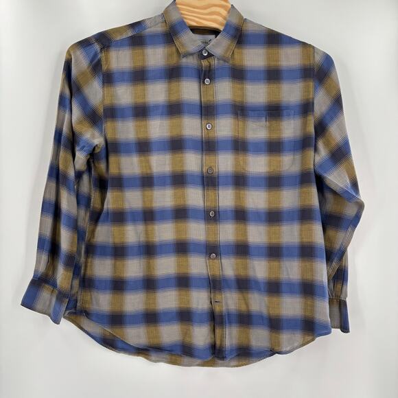 32 Bar Blues Men's XL Blue Gold Plaid Check Long Sleeve Button Up Shirt - Picture 3 of 4